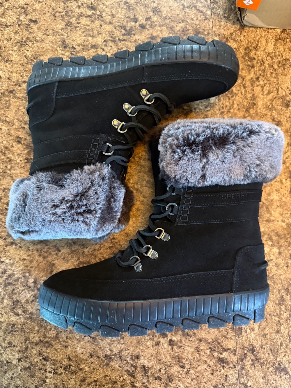 Sperry Black Women's Faux-Fur Cuff Winter Lace-Up Boots